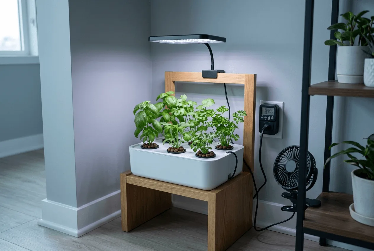 Small hydroponic herb system with a compact LED grow light on a timer, positioned in a cool shaded corner of an apartment, with a small clip fan visible nearby
