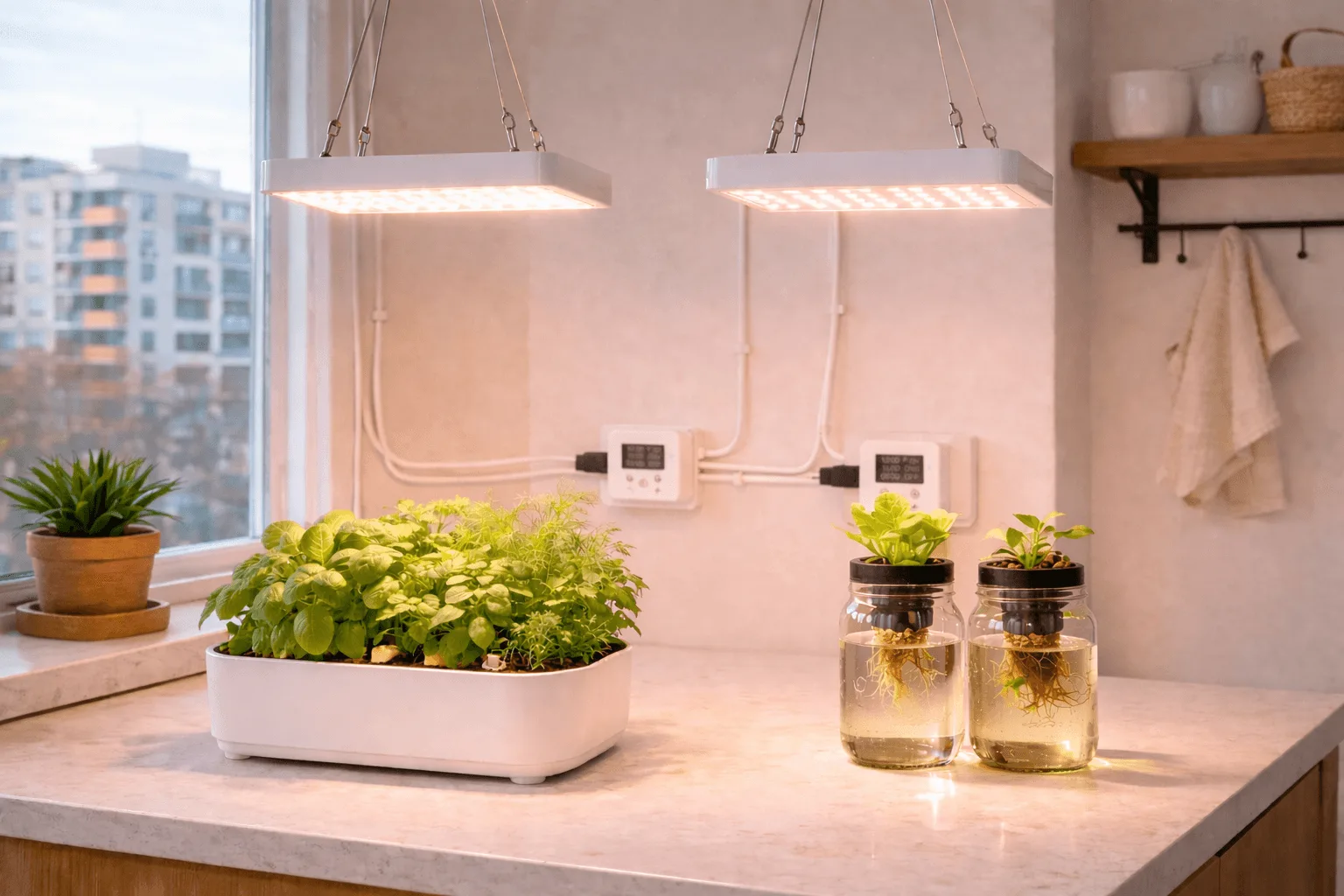 Quiet compact LED grow lights hanging over a small apartment hydroponic system and Kratky jars.