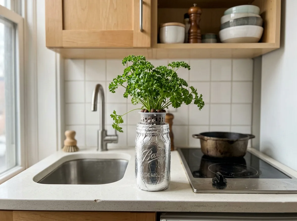Single mason jar hydroponic parsley plant taking up minimal space on a narrow apartment kitchen counter