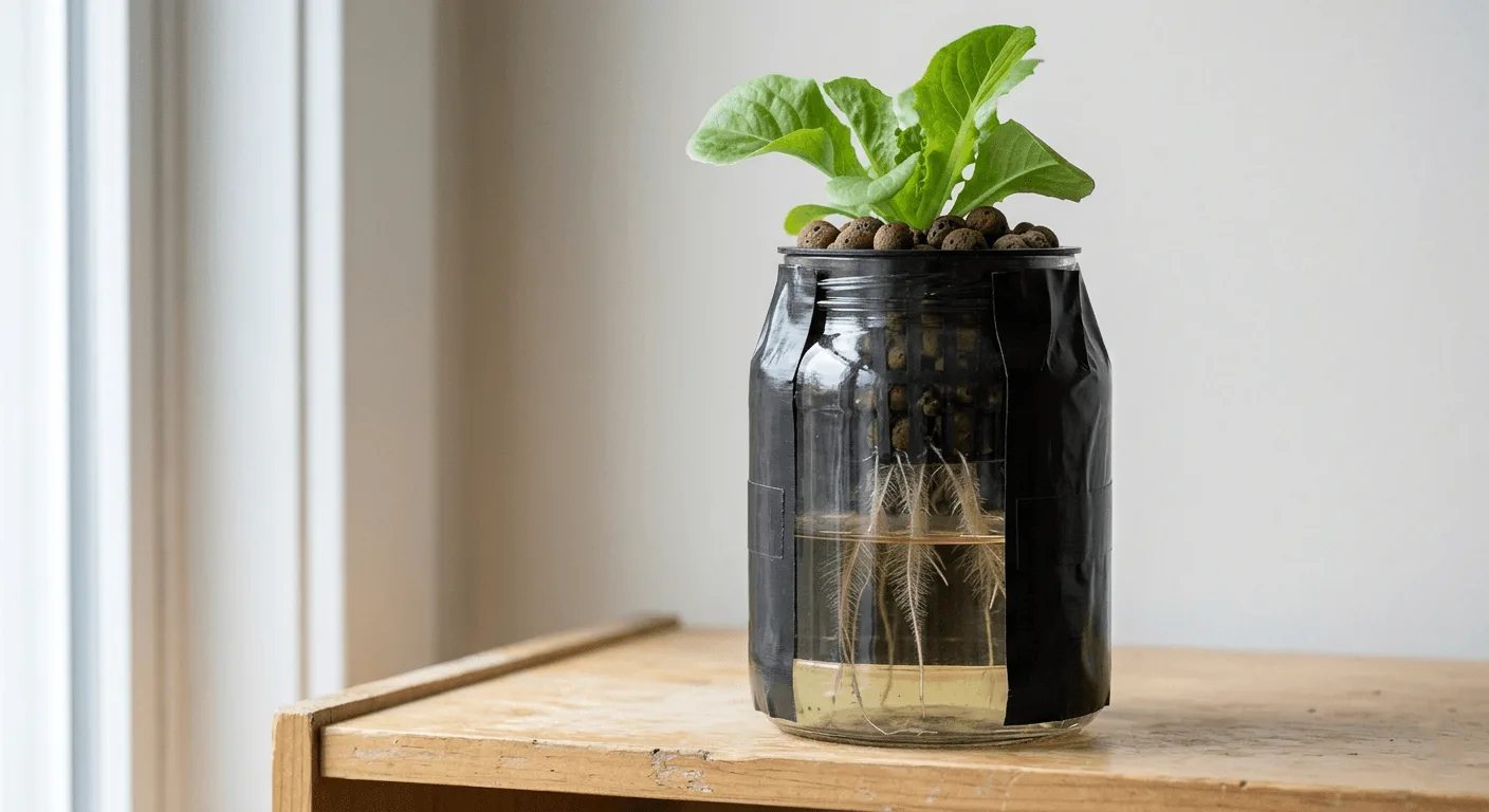 Cutaway view of a Kratky jar showing a net cup at the top, an air gap of about two inches, and lower roots hanging into the nutrient solution