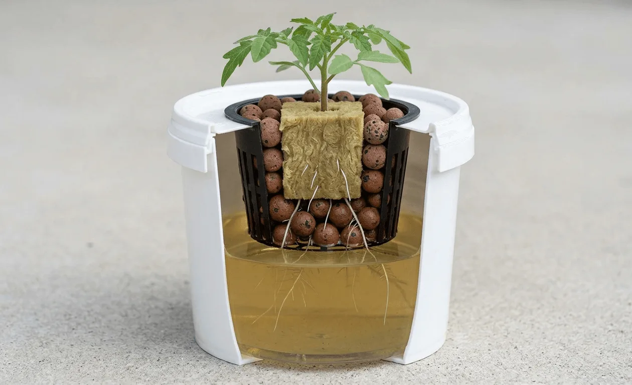 Net pot with rockwool cube and clay pebbles sitting in a reservoir where the nutrient solution touches only the bottom quarter inch of the cube leaving an air gap above