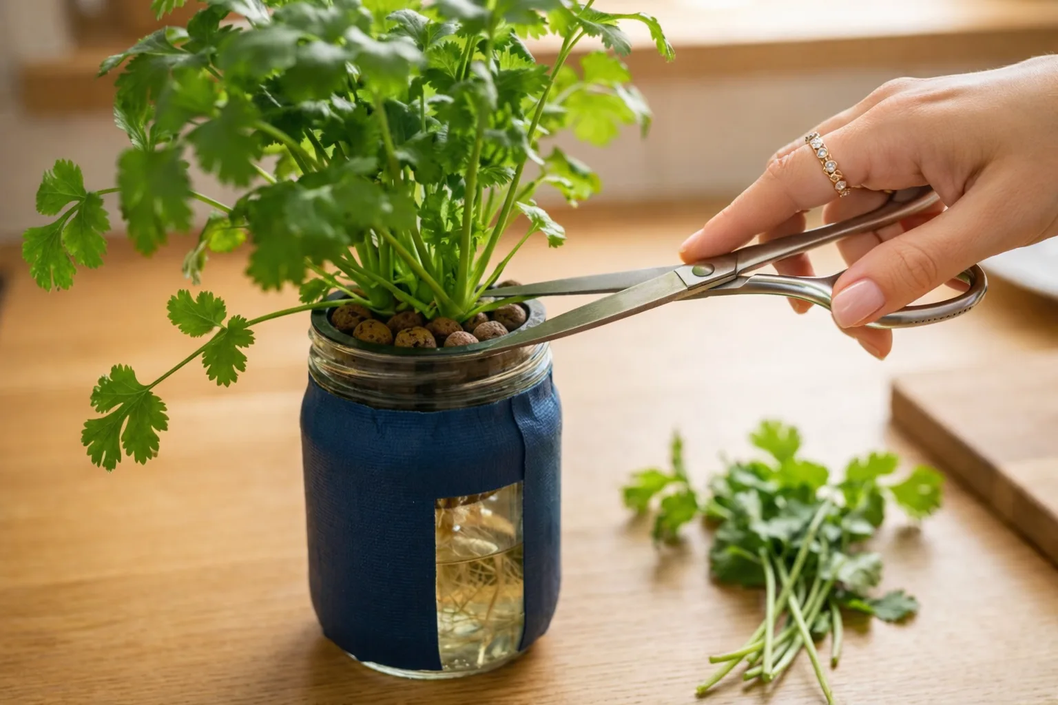 Close-up of a hand using small clean scissors to cut the outer leaves of a bushy hydroponic cilantro plant at the base of the stem, leaving the inner crown untouched
