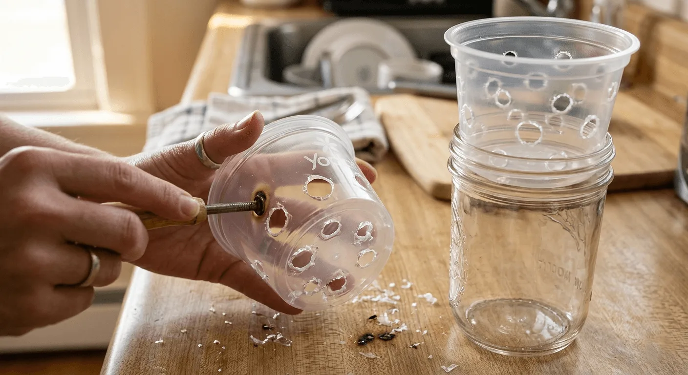 Single-serve yogurt cup with multiple holes drilled in the bottom and sides sitting next to a glass jar and a finished DIY net cup fitted into the jar opening for a Kratky setup