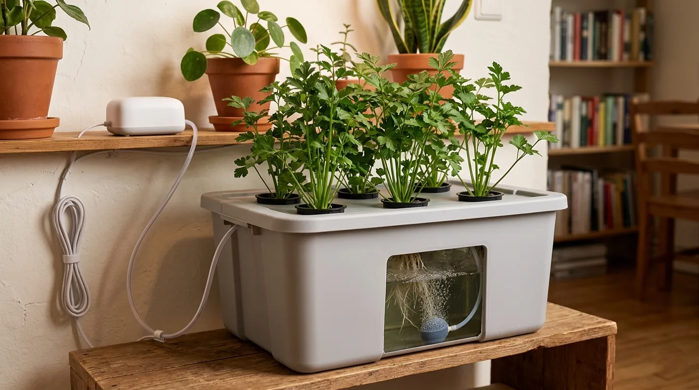 Deep Water Culture hydroponic parsley in a small tote with visible bubbles from an air stone and an air pump nearby