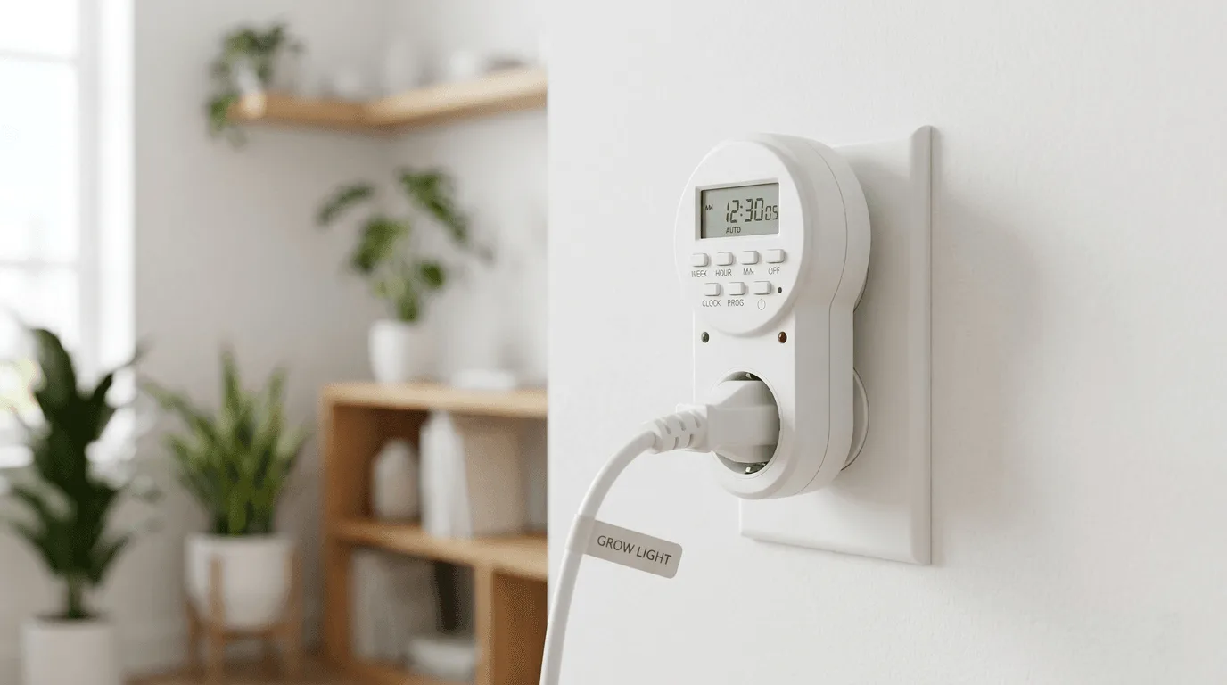 A digital outlet timer plugged into a wall socket used to automate a hydroponic grow light schedule for 14 to 16 hours per day