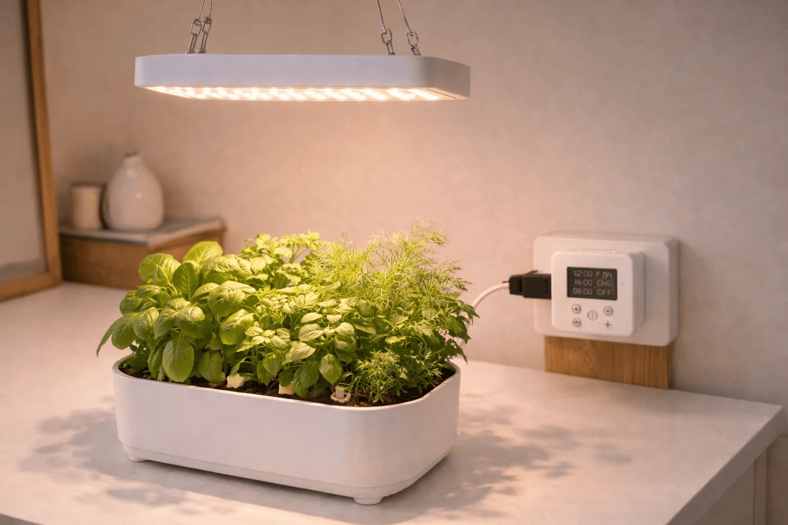 Apartment hydroponic herb garden under an LED grow light connected to a digital timer.