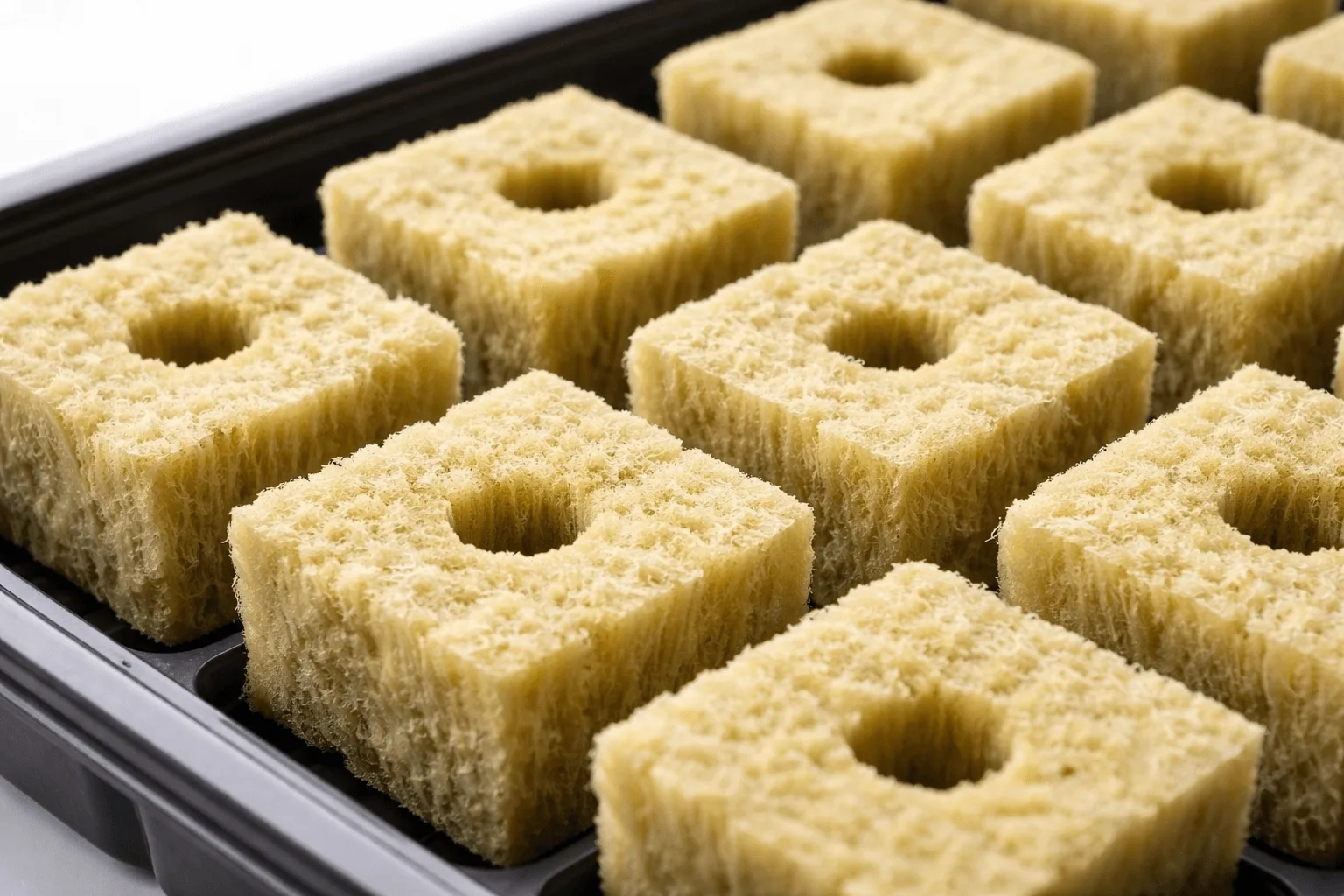 Close-up of dry rockwool starter cubes with pre-drilled holes arranged in a plastic tray for hydroponic seed starting