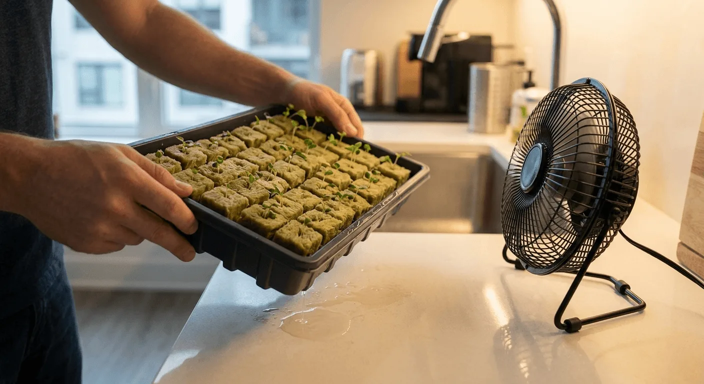 Rockwool cubes in a tray with no humidity dome and a small fan blowing across them after excess standing water has been poured out