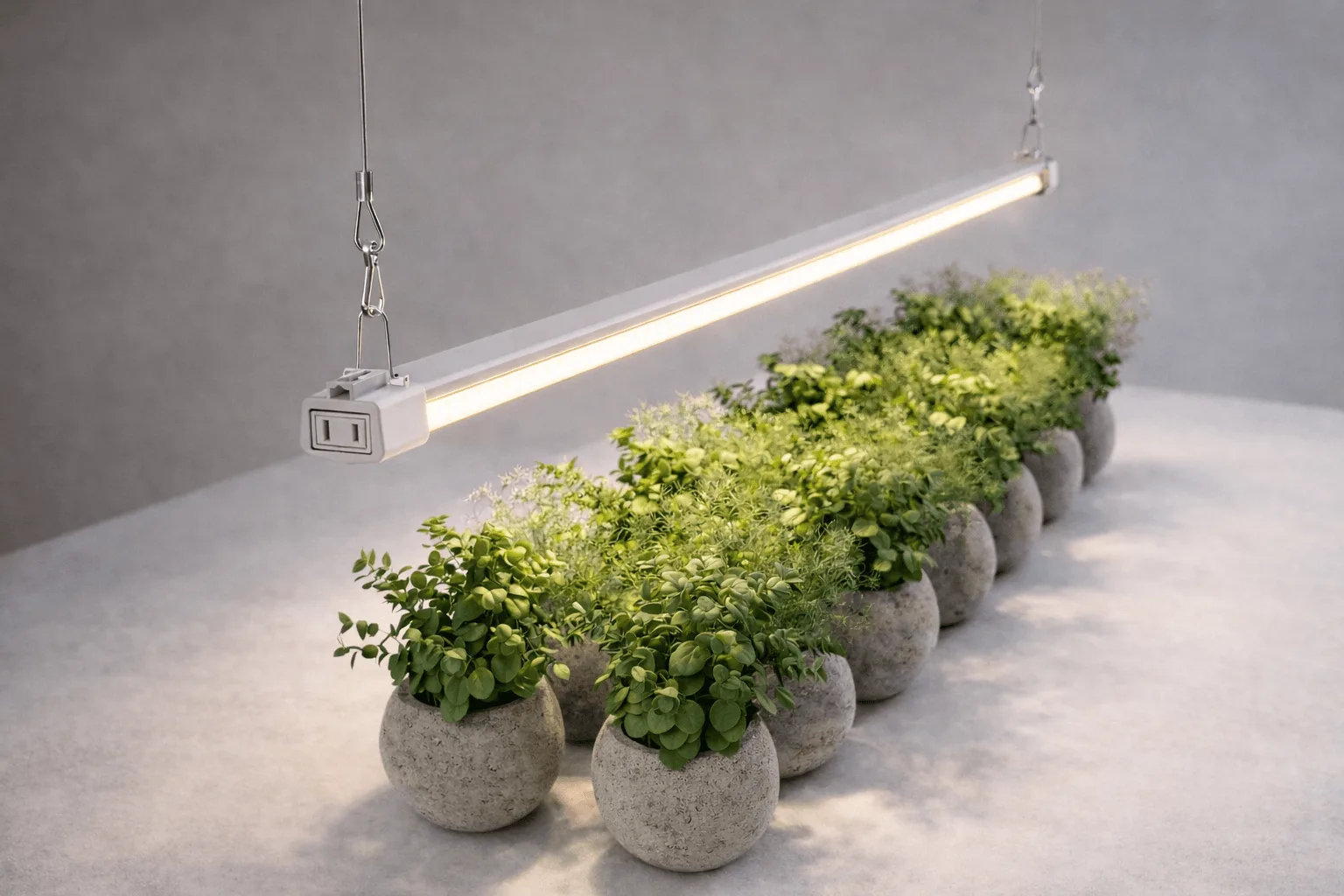 A 2-foot full-spectrum LED bar grow light turned on showing warm white light output suitable for apartment hydroponics