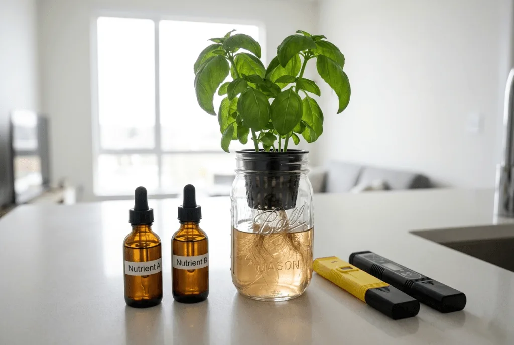hydroponic nutrients bottles next to a Kratky mason jar system on an apartment kitchen counter