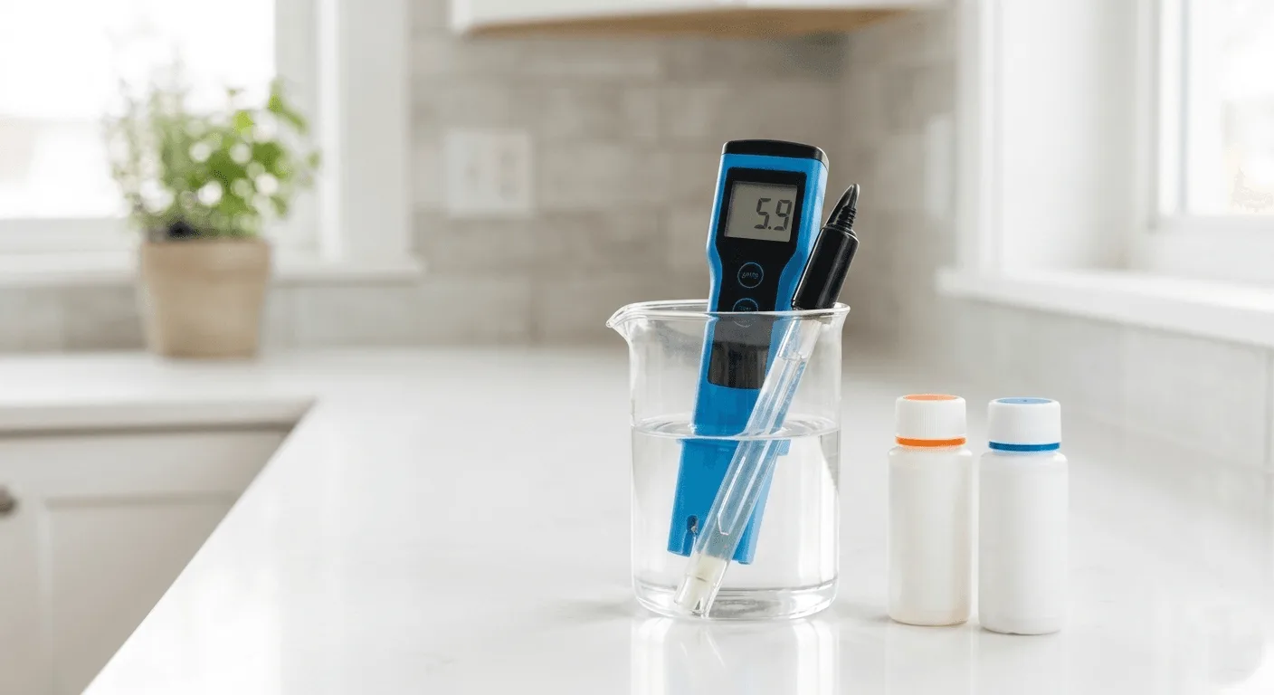 Digital pH meter testing hydroponic nutrient solution with pH Up and pH Down bottles on kitchen counter