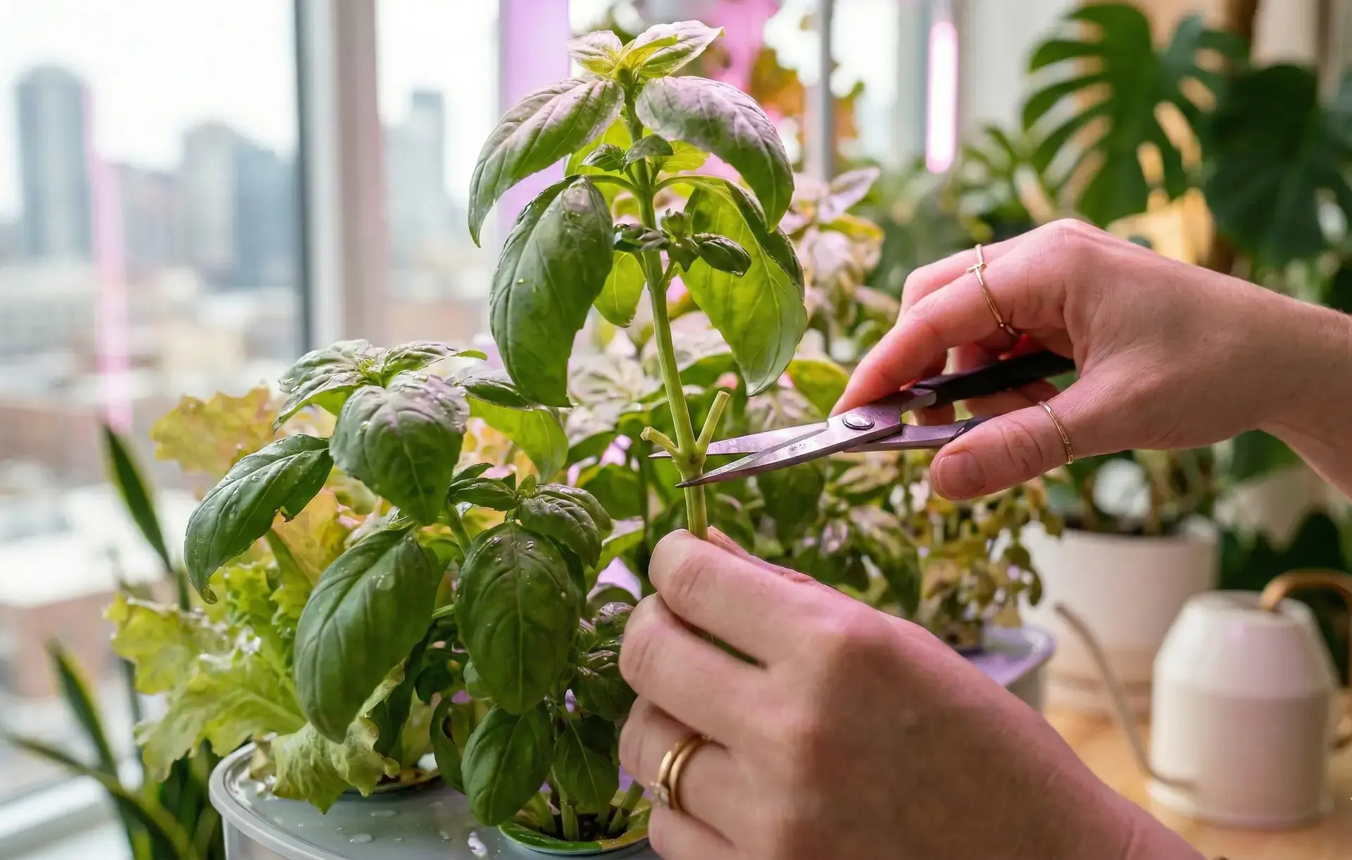 Harvesting hydroponic basil with scissors above leaf nodes for bushier regrowth