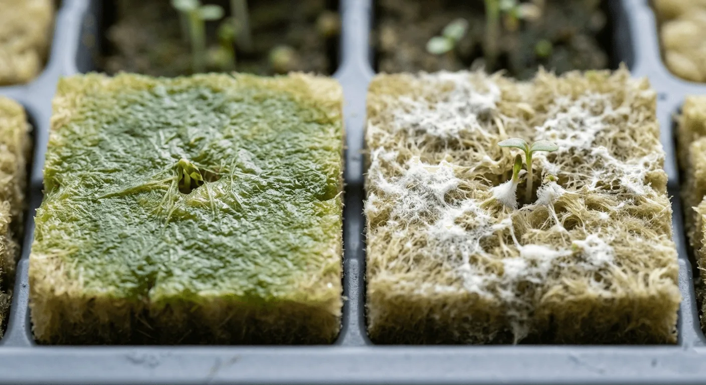 Top view of rockwool cubes in a tray, one with a thin green algae layer and another with white fuzzy mold on the surface