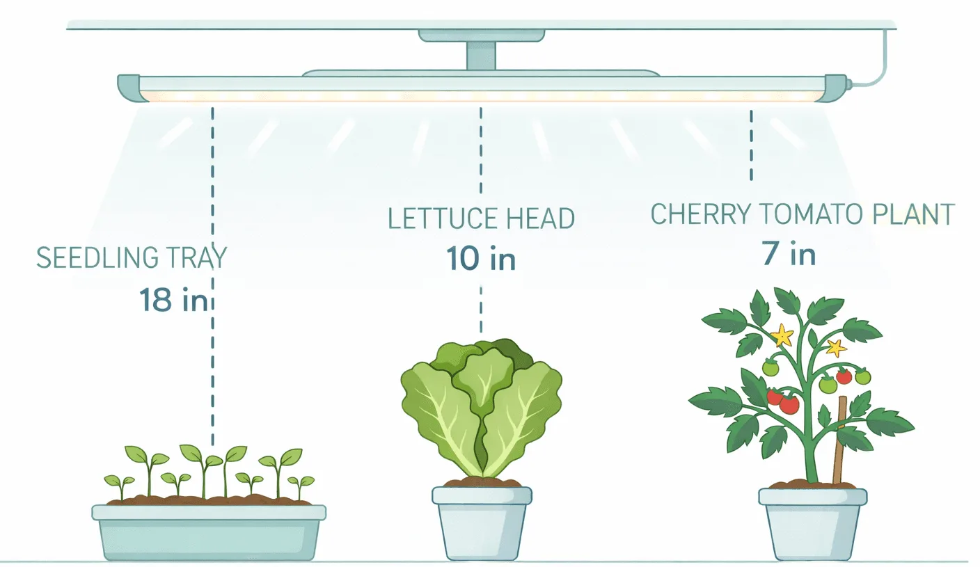 Diagram showing correct LED grow light distances above seedlings at 12 to 18 inches leafy greens at 6 to 12 inches and fruiting plants at 6 to 10 inches