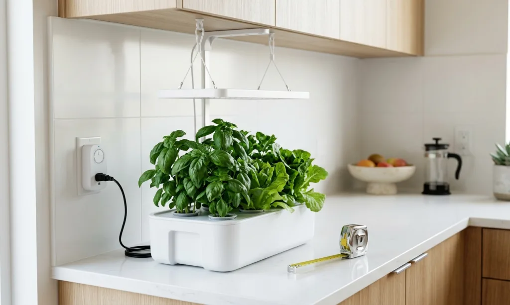 Indoor hydroponic basil and lettuce growing under an LED grow light panel at a safe distance on a small apartment countertop