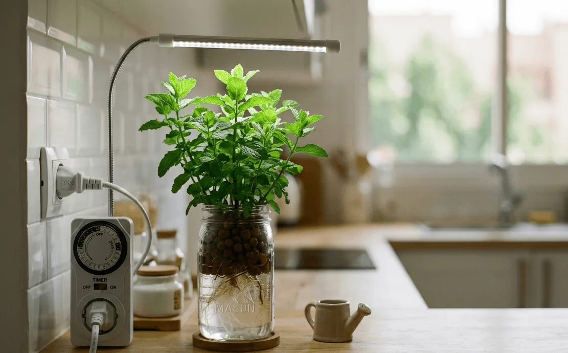 Outlet timer controlling an LED grow light for hydroponic mint on a small apartment counter
