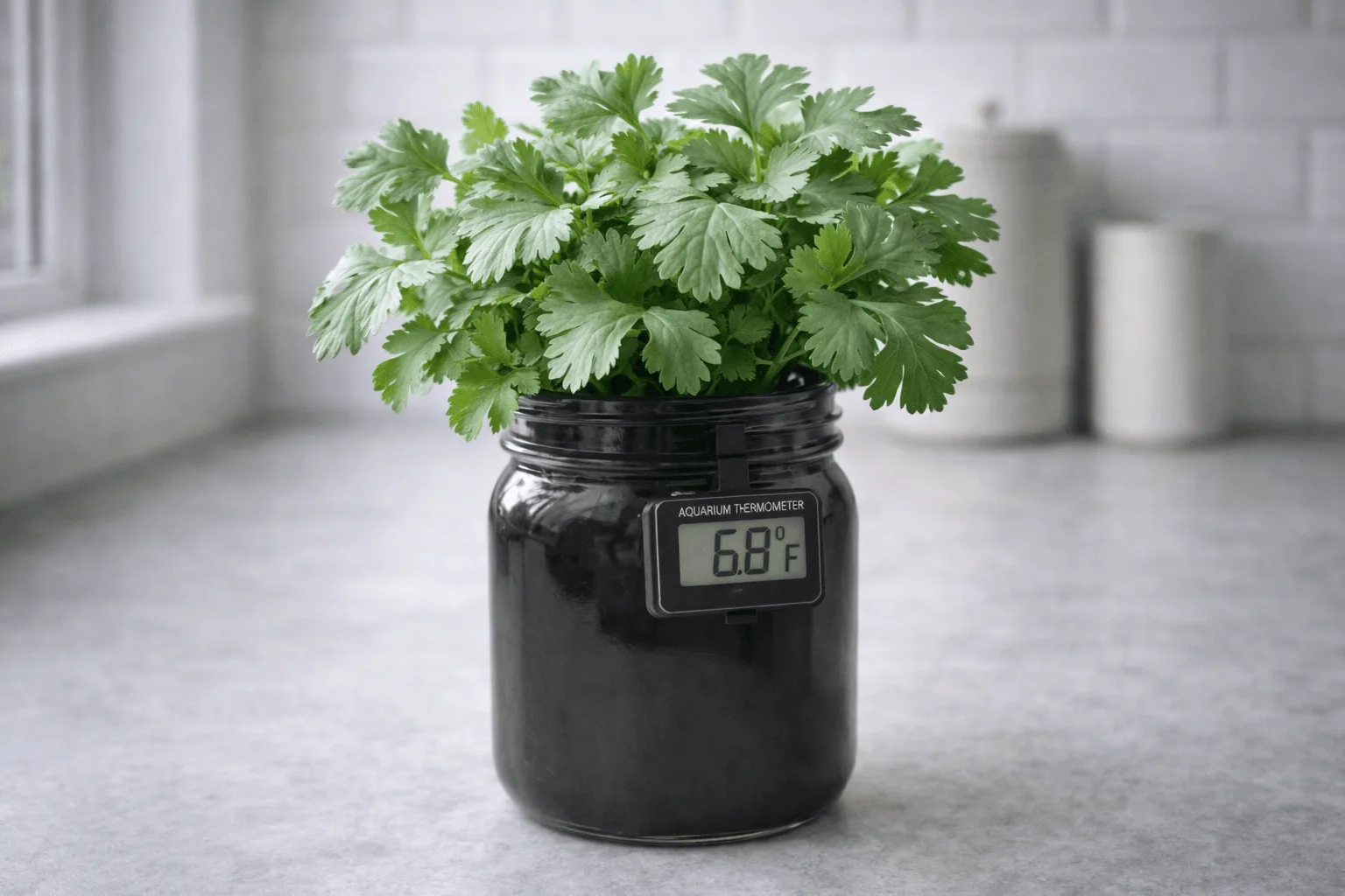 Cilantro growing in a Kratky mason jar with an aquarium thermometer clipped to the side