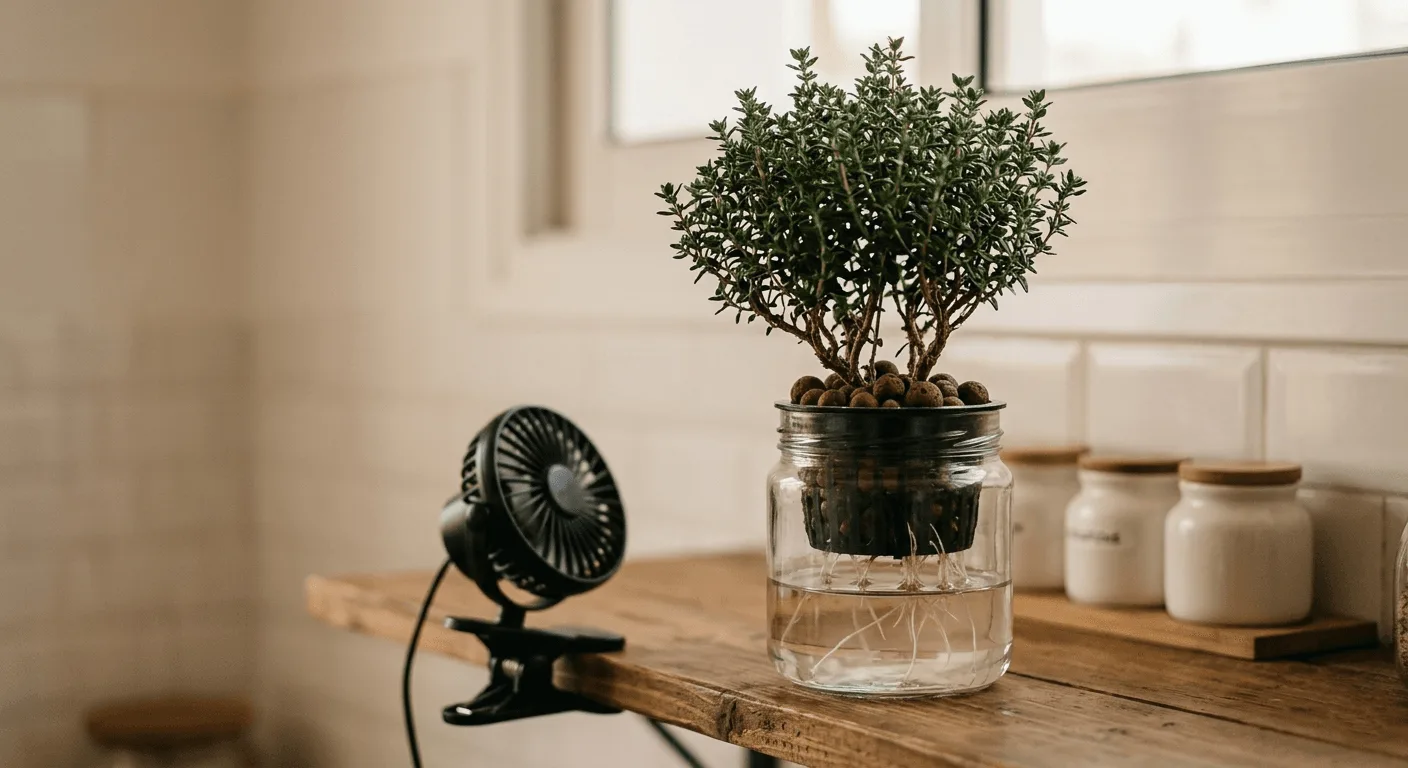 Thyme plant in a small hydroponic jar with a clip fan providing air movement