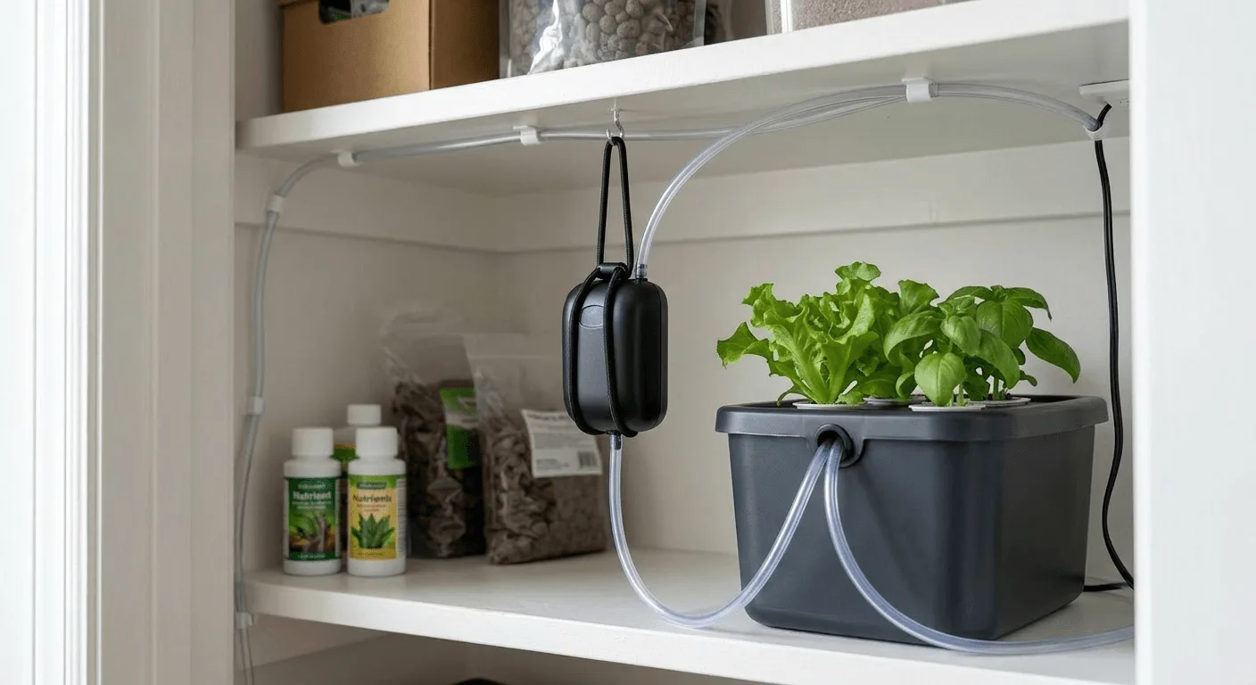 quiet hydroponic pump apartment air pump hanging from a bungee cord beside a small reservoir