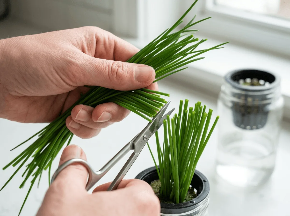 Scissors harvesting hydroponic chives while leaving two inches of stem above the net cup