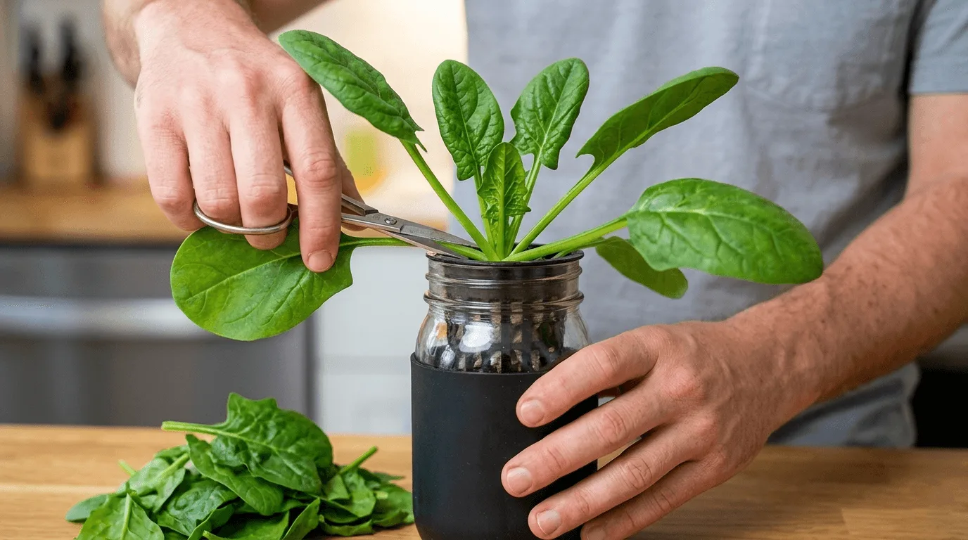 Hand using scissors to cut outer spinach leaves from a Kratky jar plant while leaving the inner crown leaves intact for regrowth