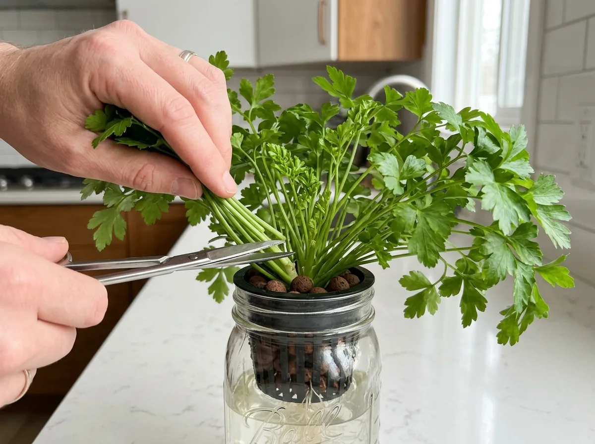 Scissors cutting outer hydroponic parsley stems about one inch above the base while leaving the inner crown intact