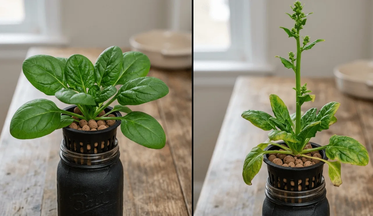 Two hydroponic spinach plants in jars side by side, one healthy with flat green leaves and one bolting with a tall central stem and small flowers forming