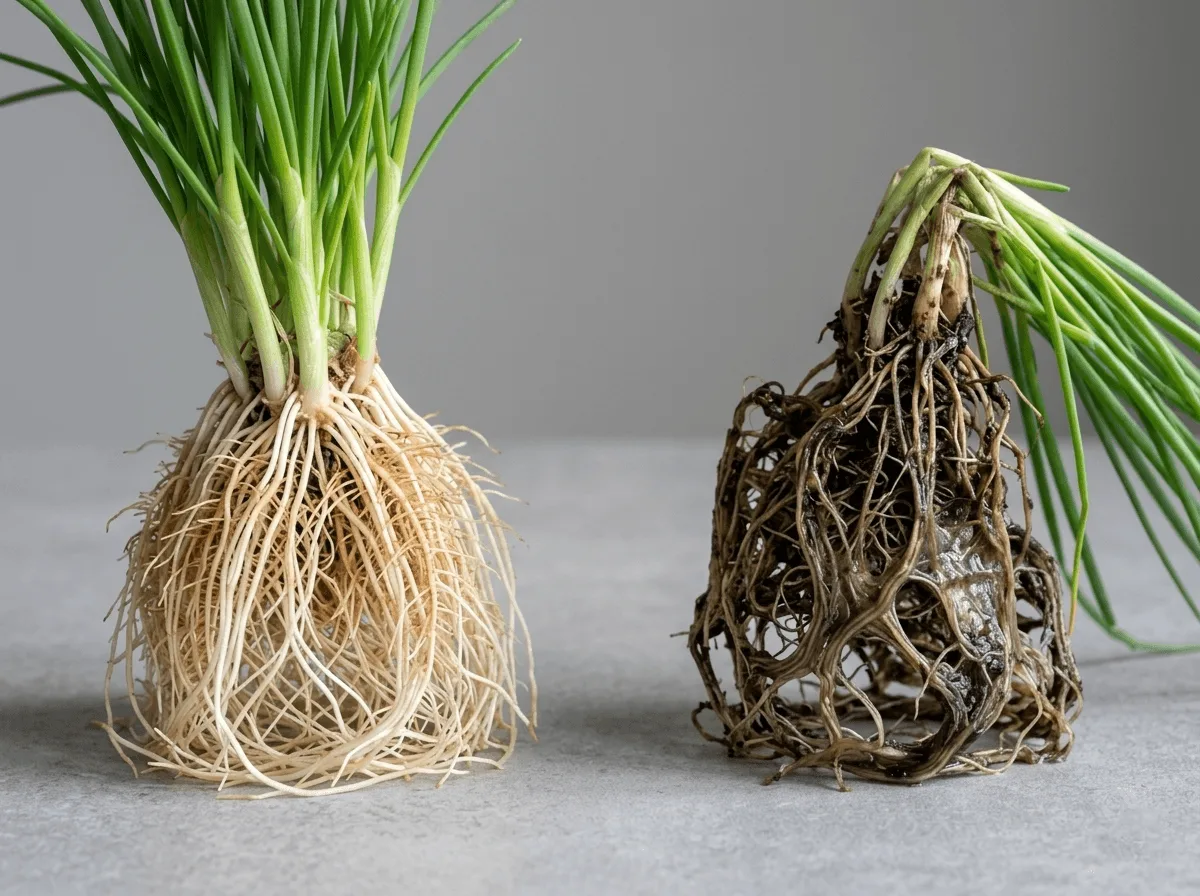 Comparison of healthy light-colored hydroponic chive roots and brown slimy roots damaged by root rot