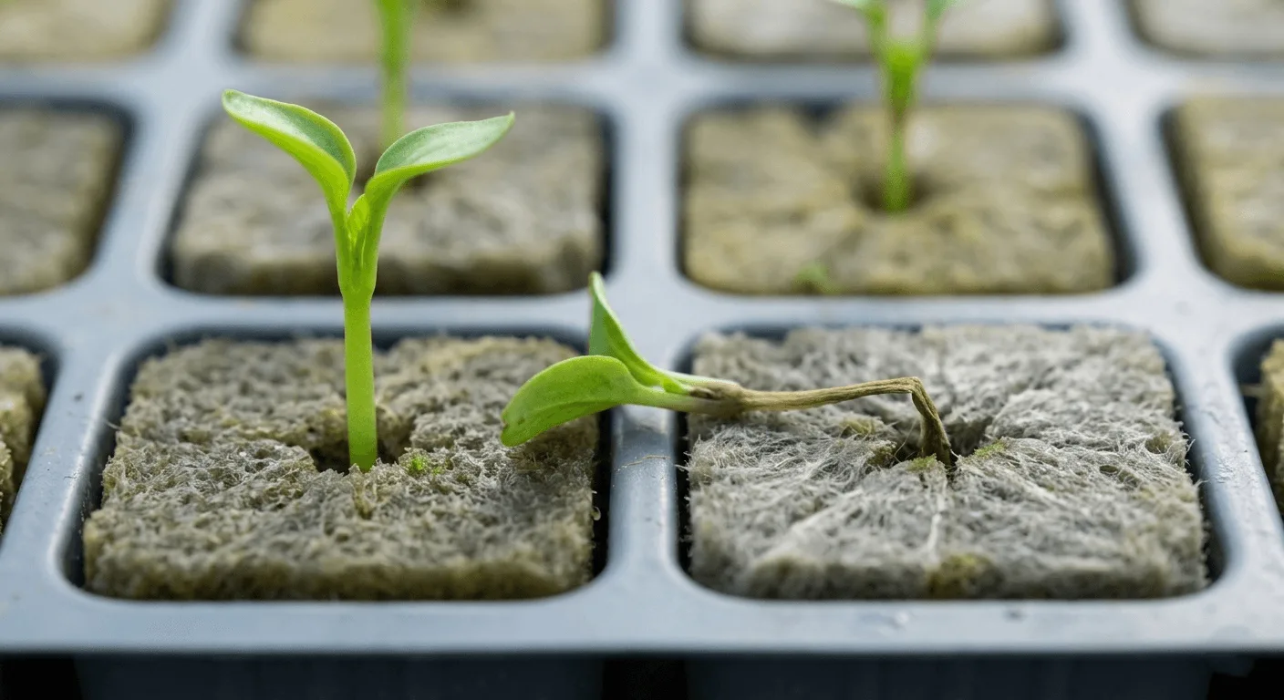 Tray showing one healthy hydroponic seedling in rockwool and another collapsed with a thin brown stem at the cube surface from damping off