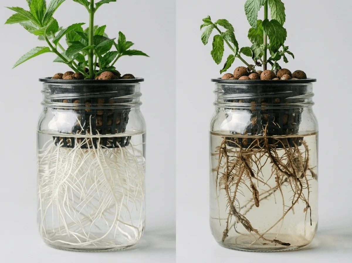 Comparison of healthy white hydroponic mint roots and brown slimy roots affected by root rot