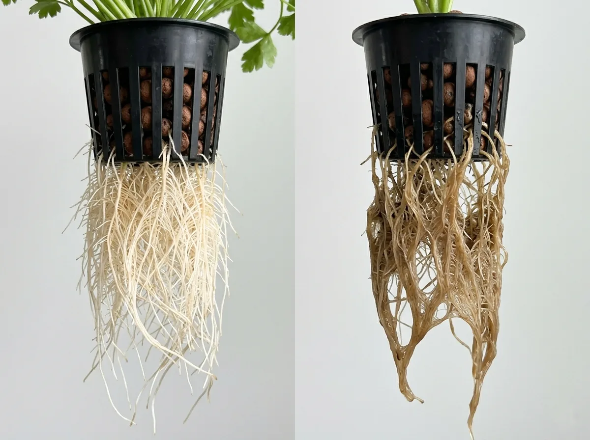 Side-by-side comparison of healthy white hydroponic parsley roots and brown slimy roots showing root rot