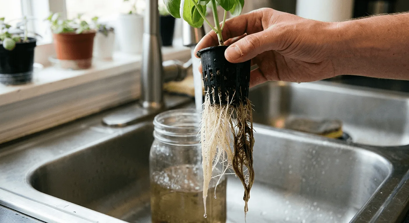 Plant lifted from a Kratky jar showing white healthy roots alongside brown slimy roots being inspected over a sink for early root rot