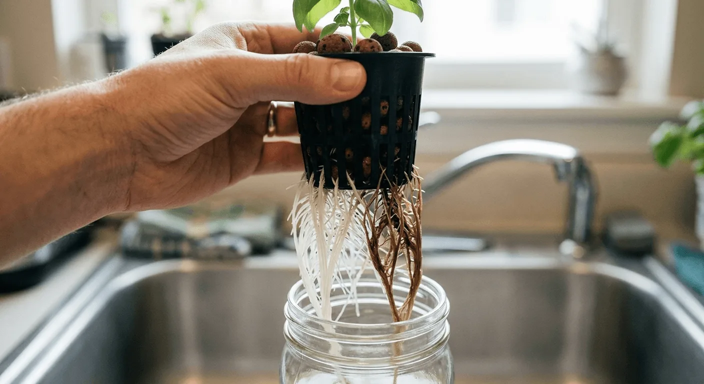 Net cup lifted from a Kratky jar showing healthy bright white roots on one side and brown slimy root rot on the other above an apartment sink