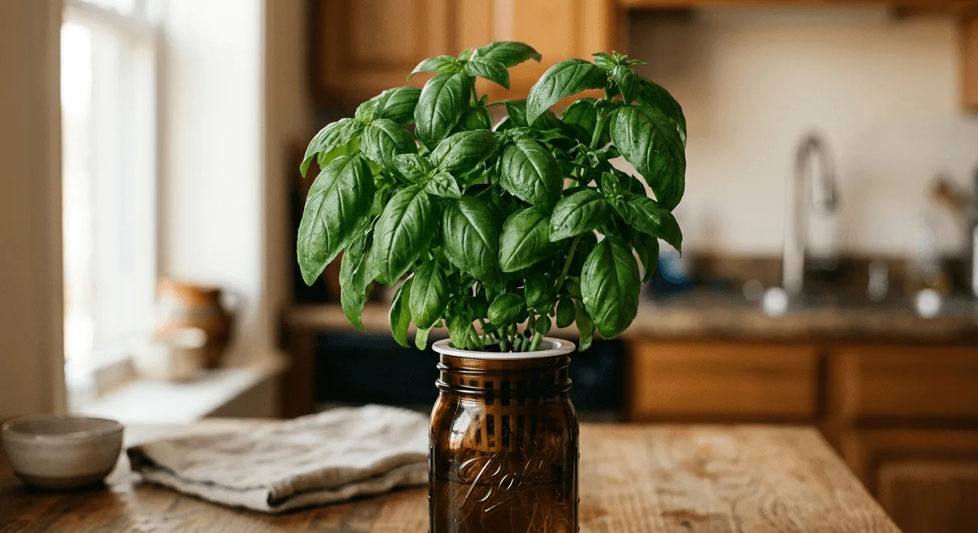 Sweet basil growing in a Kratky mason jar on an apartment kitchen counter