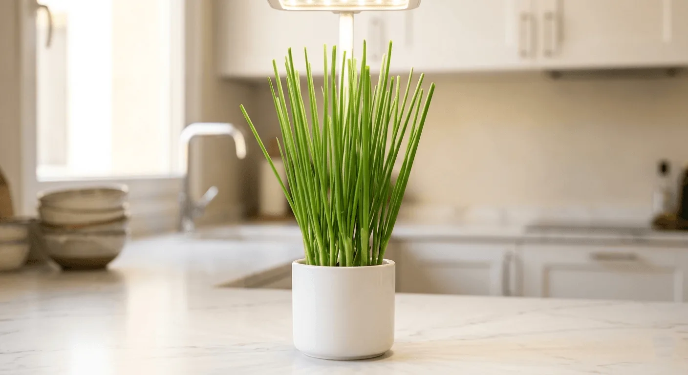 Chives growing straight and upright in a compact countertop hydroponic pod