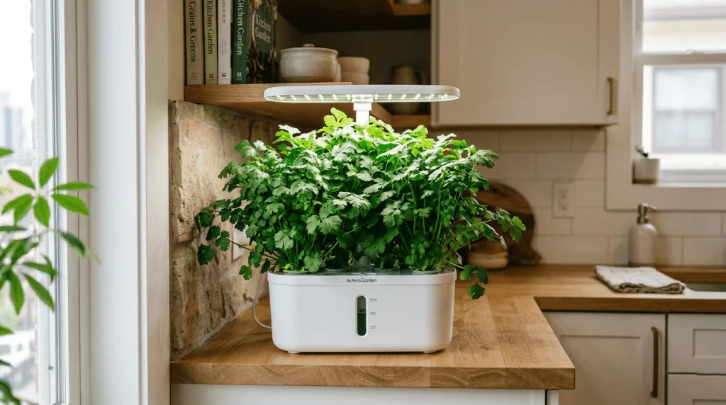 Bushy green hydroponic cilantro plant growing in a compact countertop system on an apartment kitchen counter under a small LED grow light