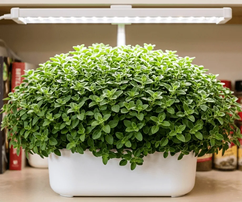 Greek oregano growing in a hydroponic pod under a white LED grow light bar