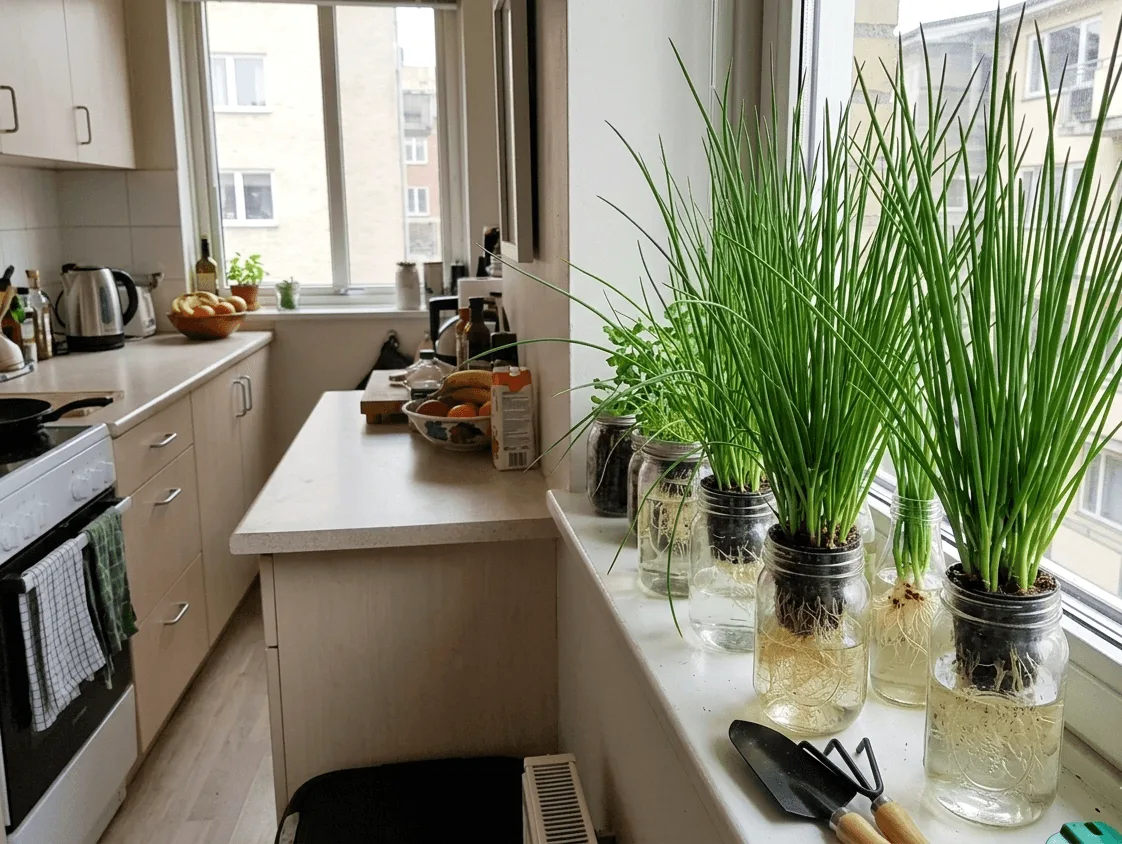 Hydroponic chives growing upright in small jars on a narrow apartment kitchen windowsill