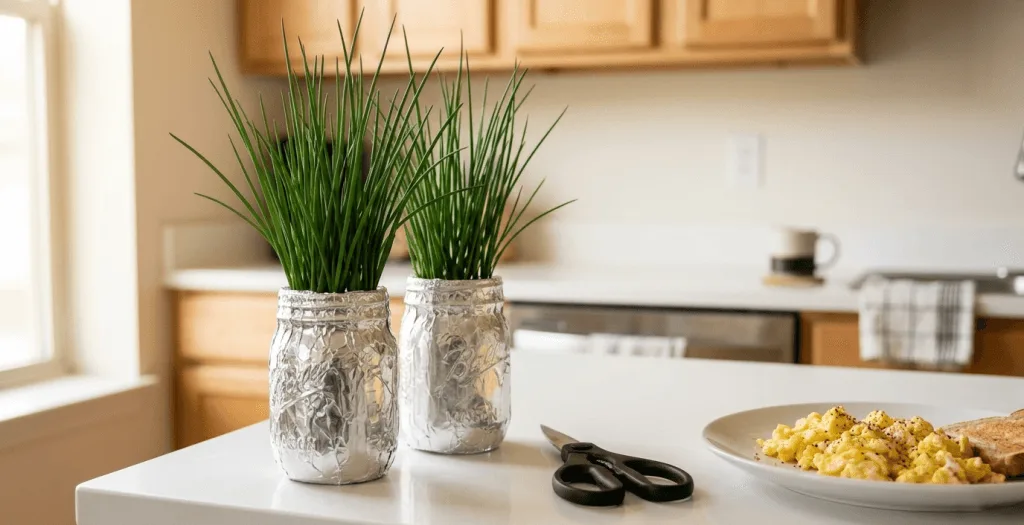 Hydroponic chives growing in foil-wrapped mason jars on a small apartment kitchen counter under soft natural light