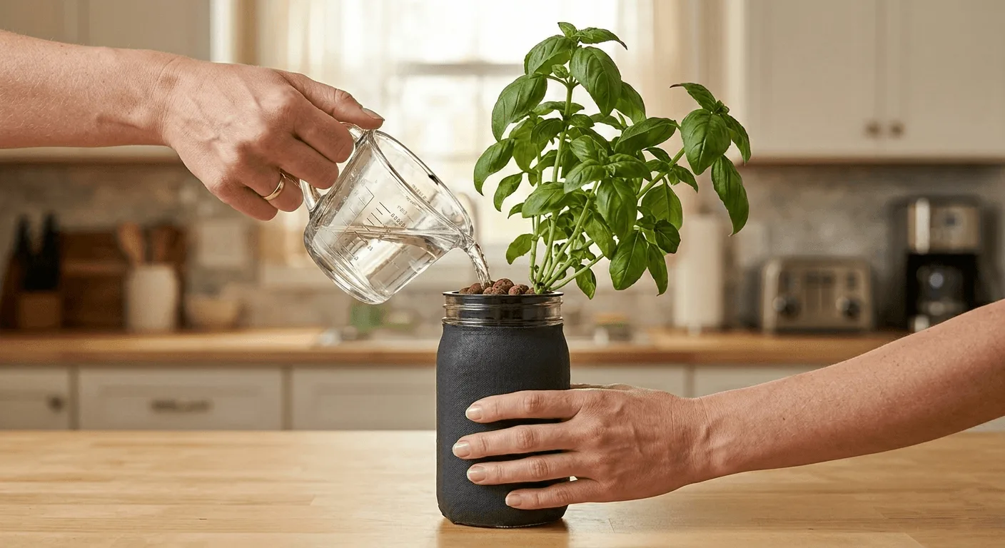 Pouring fresh nutrient solution into a covered mason jar hydroponic setup on an apartment counter