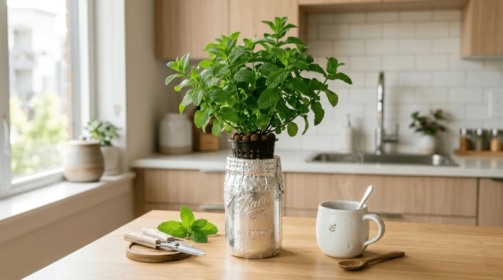 Hydroponic mint growing in a foil-wrapped mason jar on a small apartment kitchen counter under soft natural light
