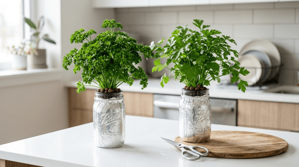 Hydroponic flat-leaf and curly parsley growing in foil-wrapped mason jars on a small apartment kitchen counter
