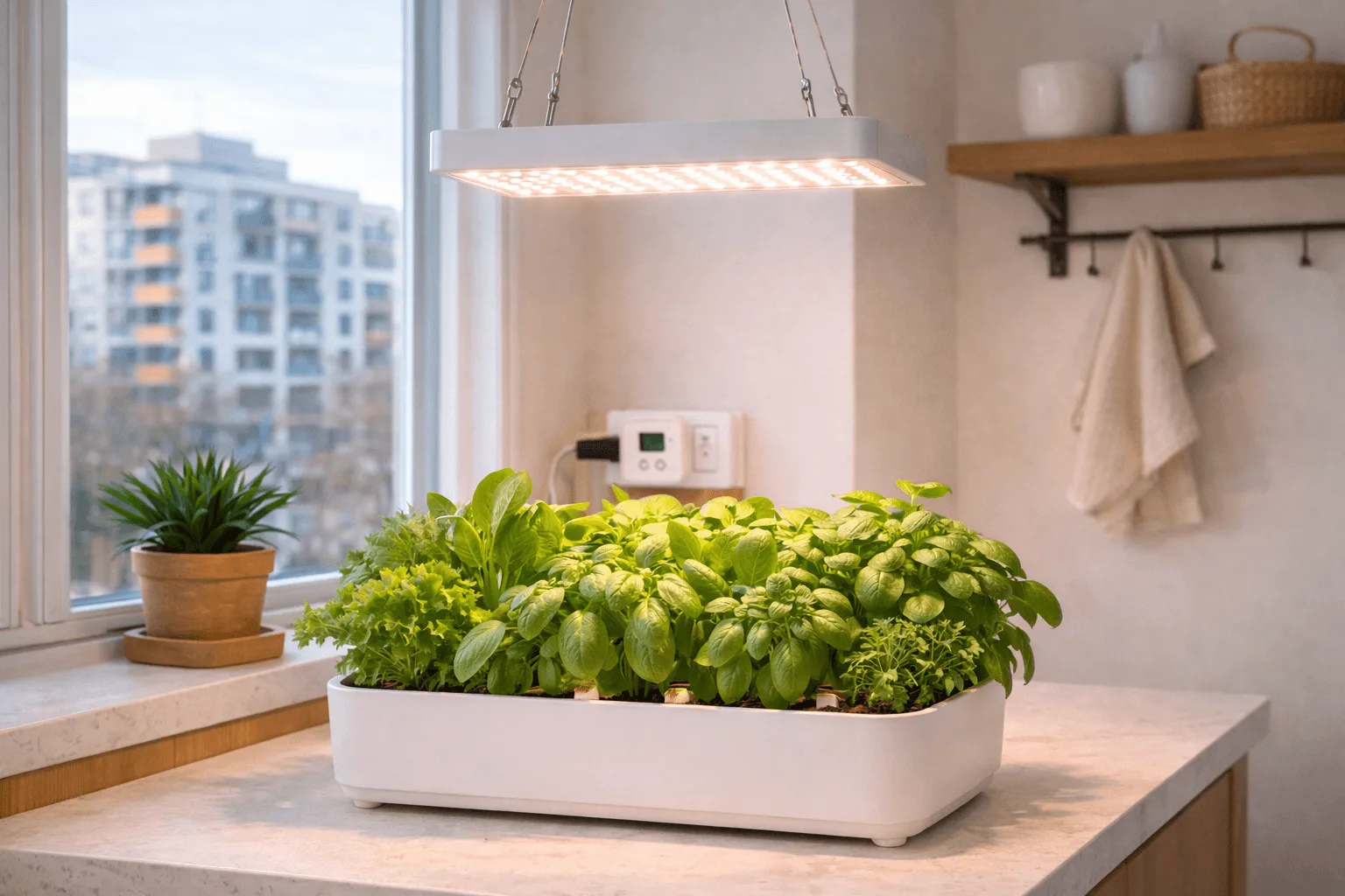 Healthy hydroponic herbs and leafy greens growing under an LED grow light on a timer in a small apartment.