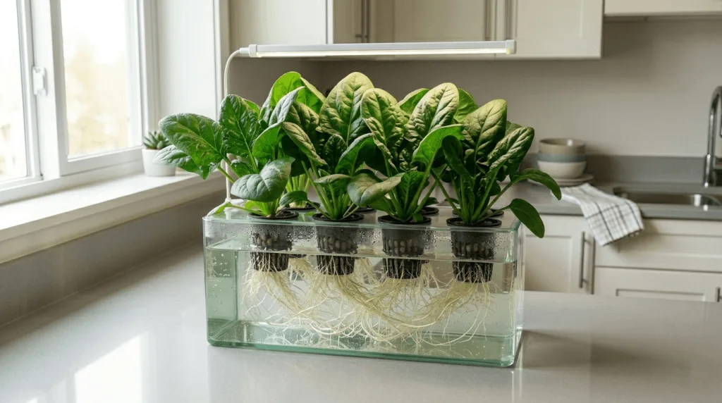 Lush green hydroponic spinach plants growing in net cups on an apartment kitchen countertop under a slim LED grow light