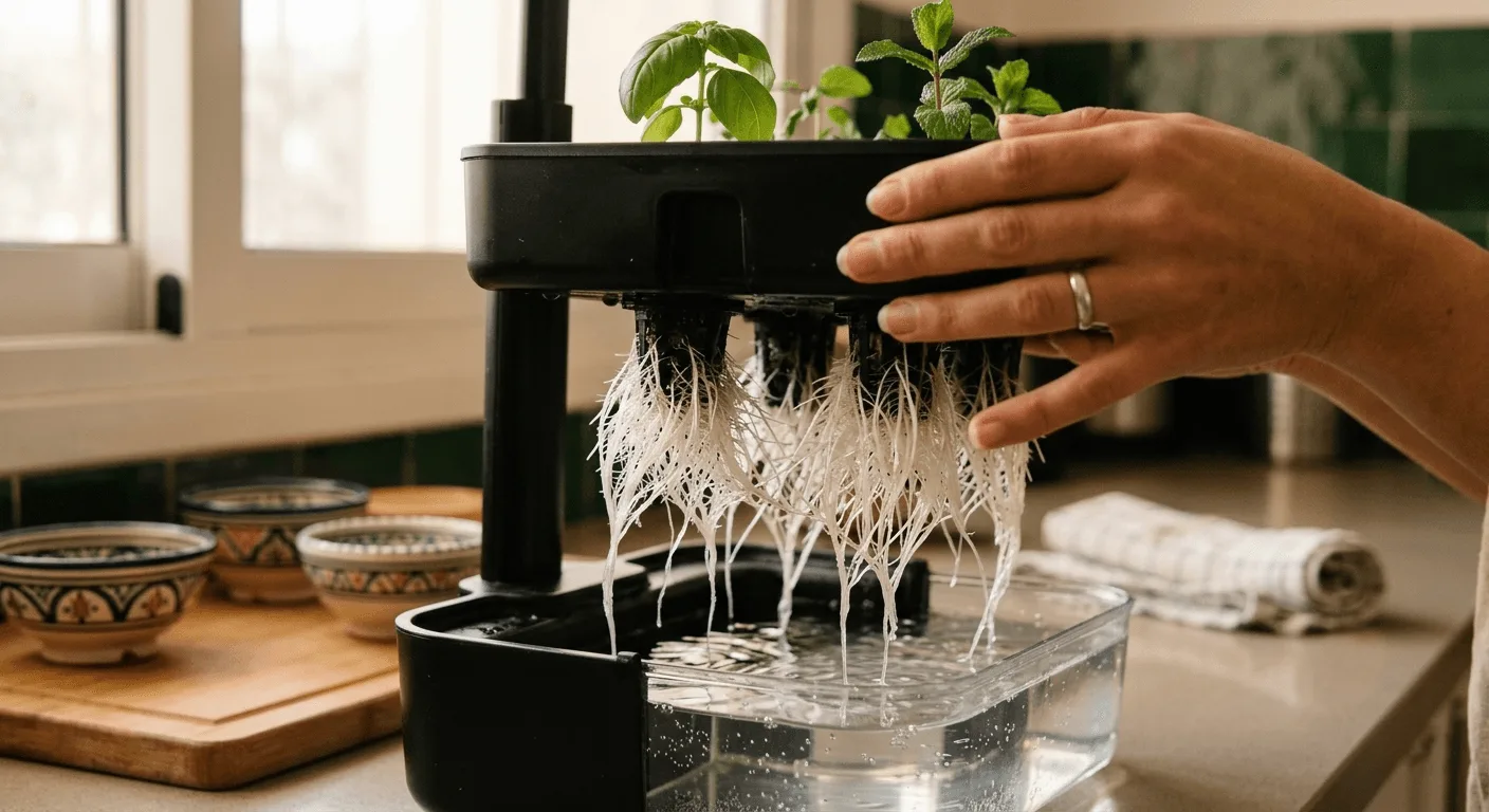 Sarah lifting the grow deck of a countertop hydroponic system to inspect healthy white roots dangling into the water reservoir below