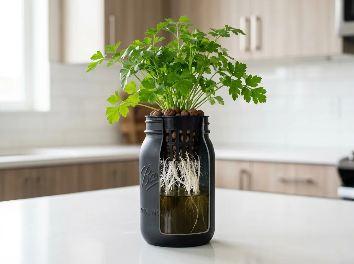 Kratky hydroponic parsley growing in a light-proof mason jar with a net cup and visible air gap above the nutrient solution