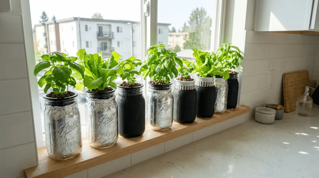 Several foil-wrapped Mason jars and pasta sauce jars set up as Kratky hydroponic planters with basil and lettuce on an apartment windowsill