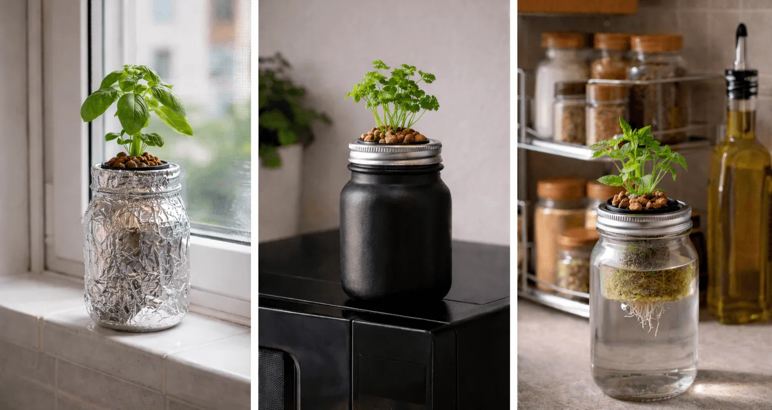 Passive Kratky hydroponic jars with herbs growing on a bathroom windowsill, on top of a microwave, and on a tiered spice rack in a small apartment kitchen