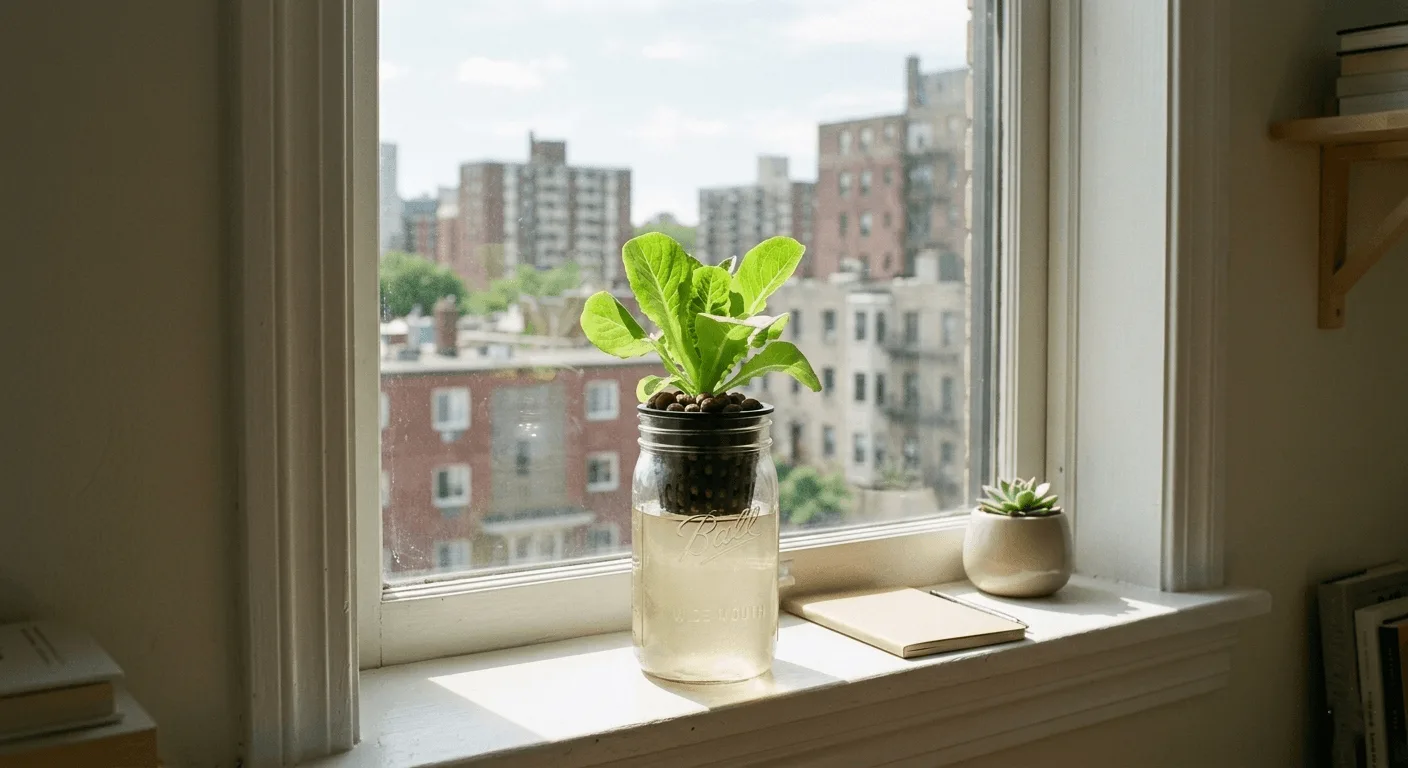 Kratky mason jar with young lettuce plant placed on a bright sunny apartment windowsill
