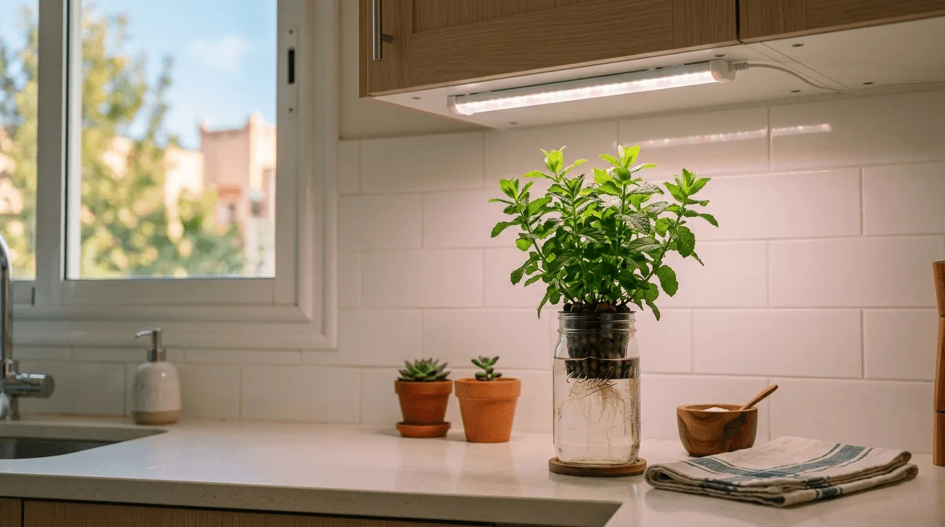 LED grow light mounted above a hydroponic mint plant on a kitchen counter in a small apartment